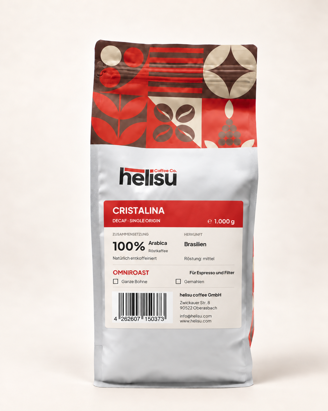 Rückseite HELISU Cristalina DECAF 1.000 g mit neuem Etikett, Herkunft Brasilien und mittlerer Röstung.