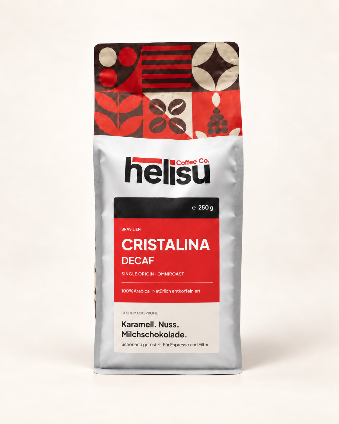 HELISU Cristalina DECAF 250 g, entkoffeinierter Omniroast aus Brasilien, im HELISU-Beutel mit neuem Etikett.