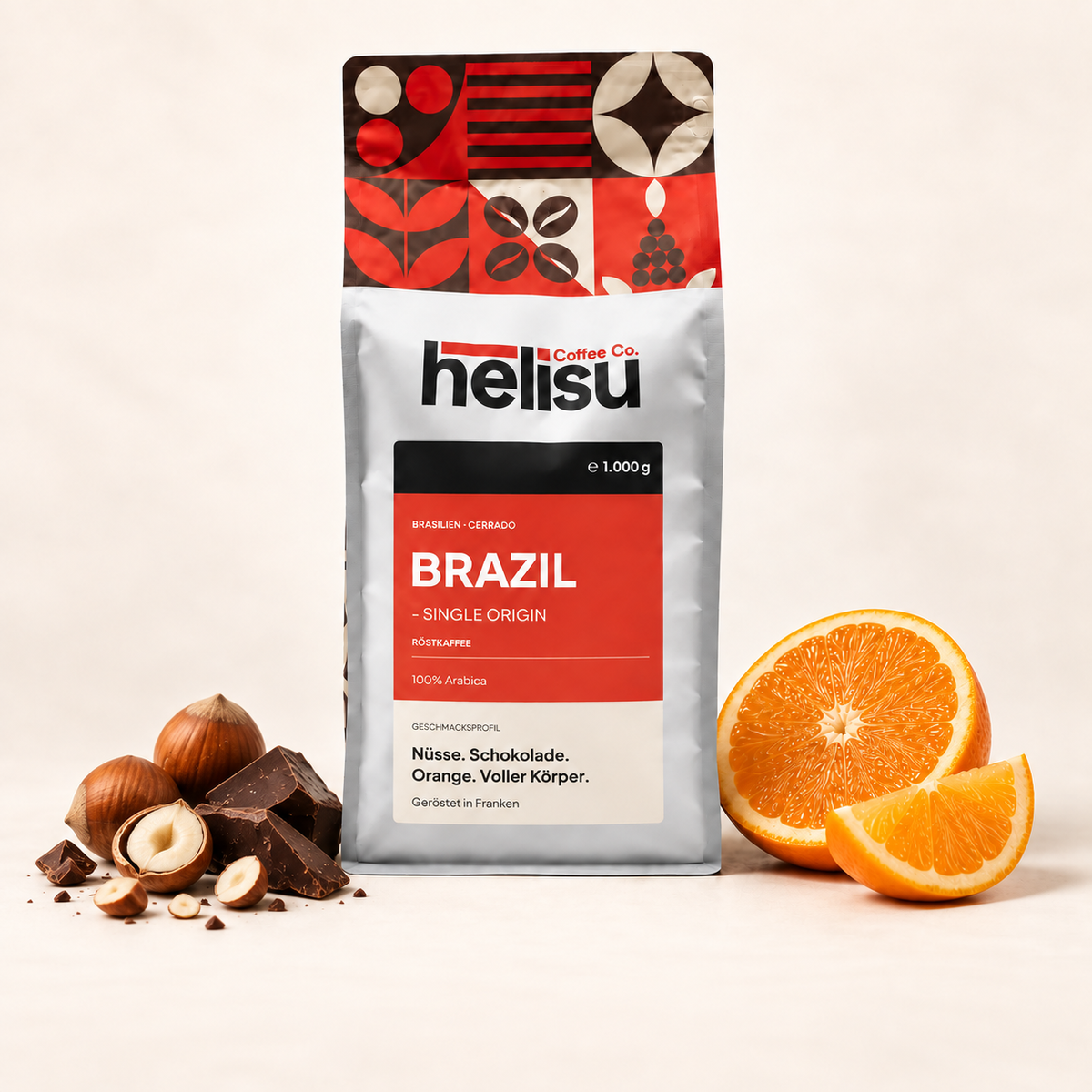 HELISU Brasilien-Kaffee mit Nüssen, Schokolade und Orange als Darstellung der Geschmacksnoten