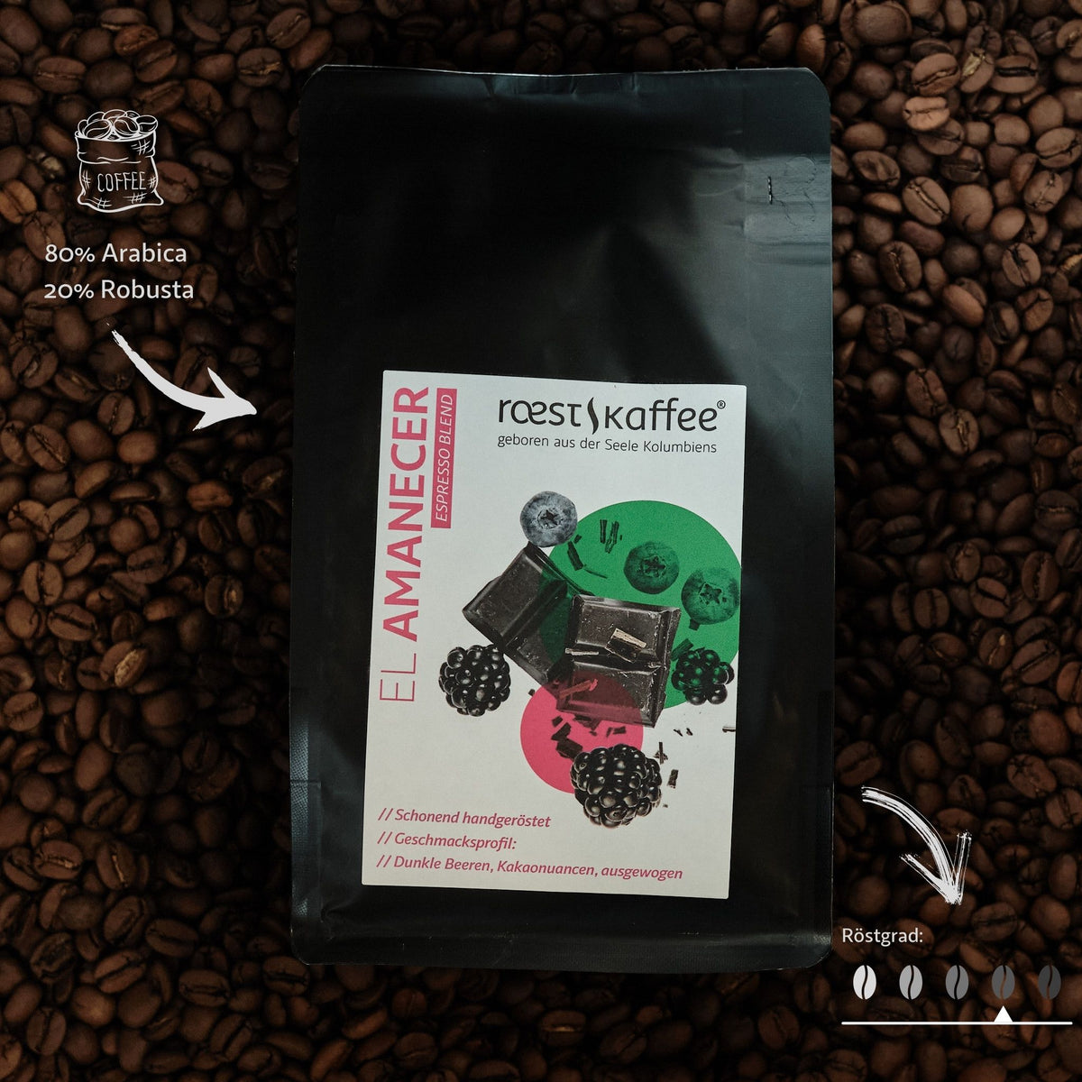 Kaffeebohnen mit einer Kaffeepackung und rosa Etikett