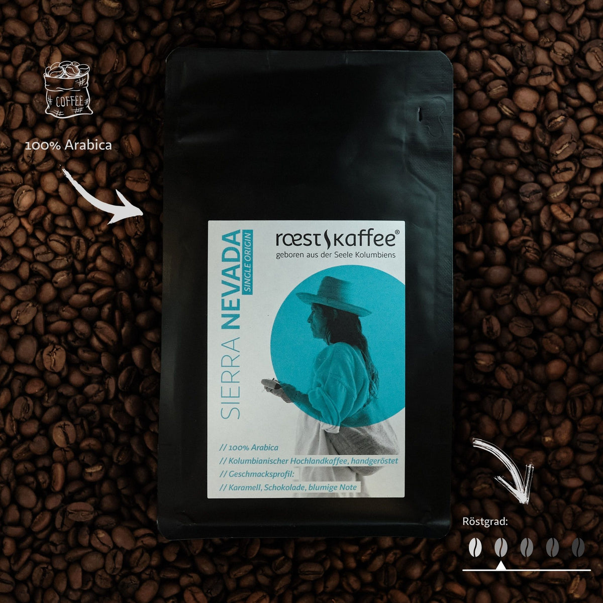 Kaffeebohnen mit einer Kaffeepackung und blauem Etikett