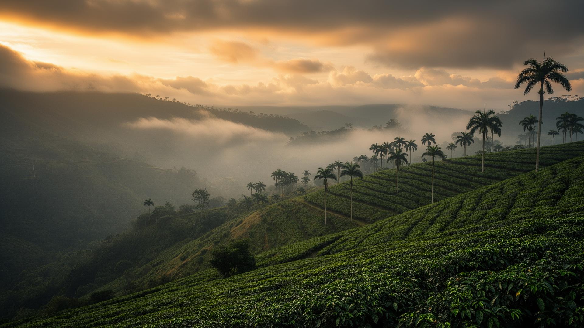 Quindío, Kolumbien, nebelverhangene Anden mit Kaffeeplantagen