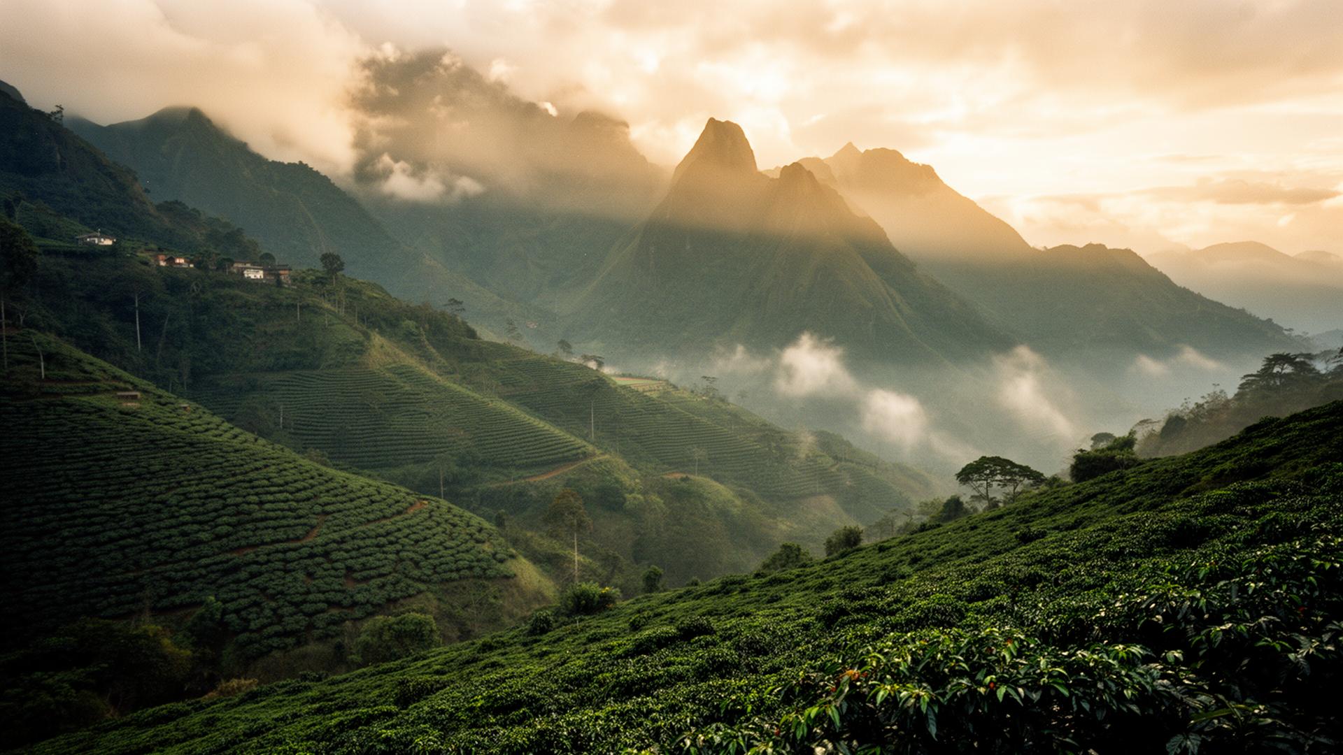 Huila, Kolumbien, Andenlandschaft mit Kaffeeplantagen rund um Finca Sinaloa