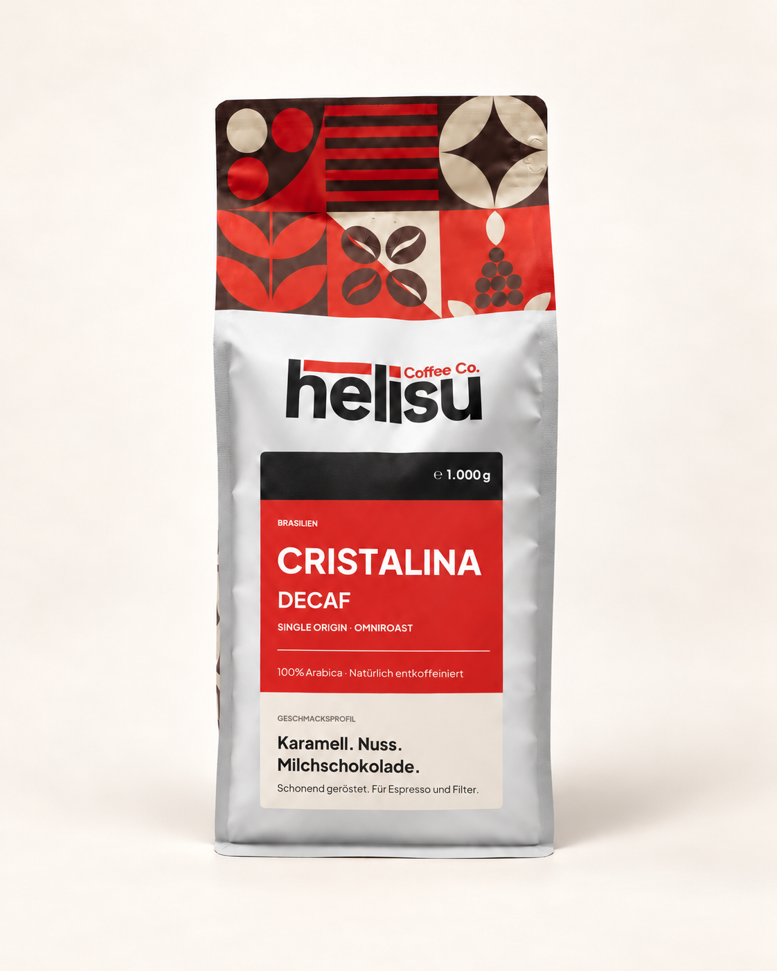 HELISU Cristalina DECAF 1.000 g, entkoffeinierter Omniroast aus Brasilien, im HELISU-Beutel mit neuem Etikett.
