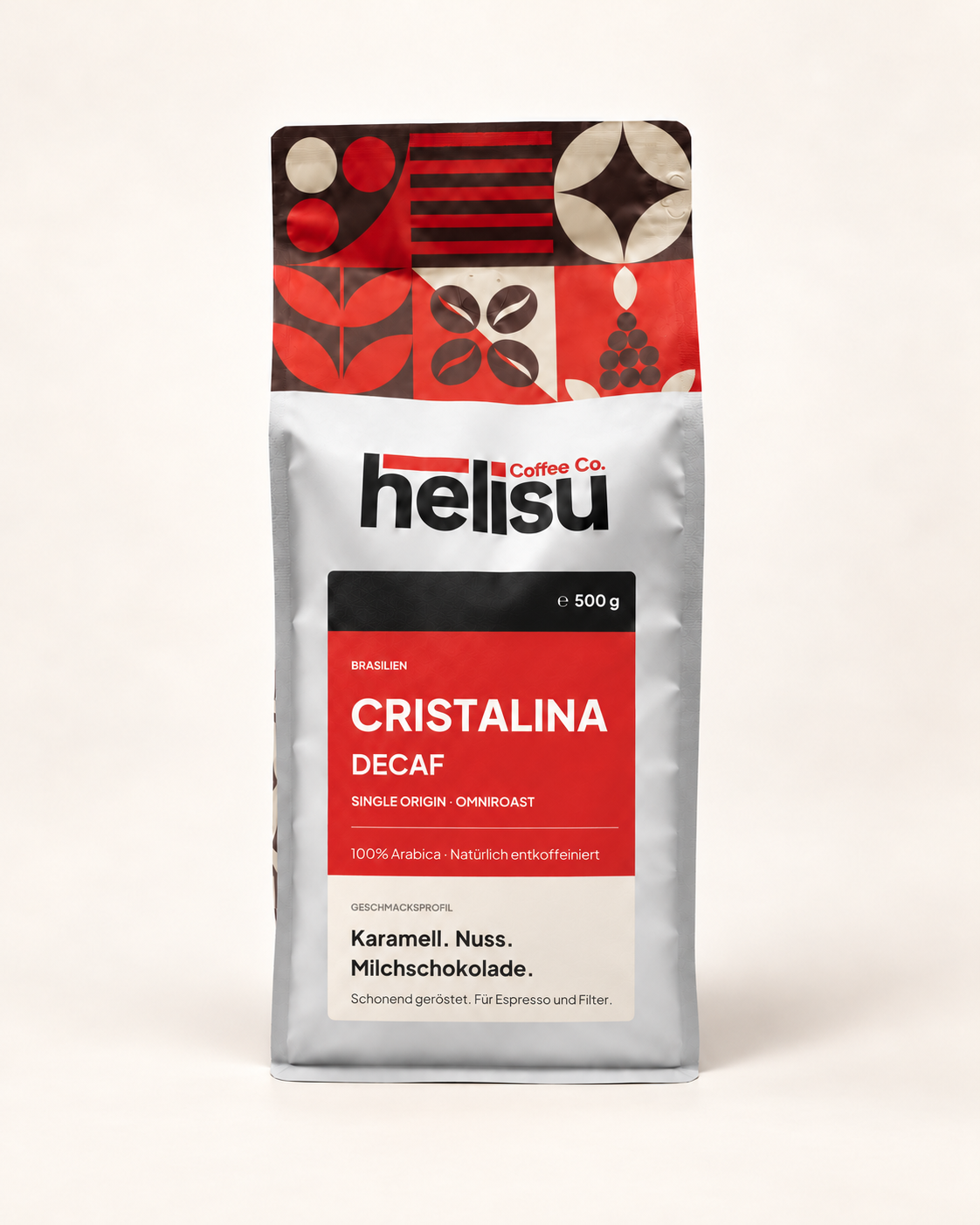 HELISU Cristalina DECAF 500 g, entkoffeinierter Omniroast aus Brasilien, im HELISU-Beutel mit neuem Etikett.