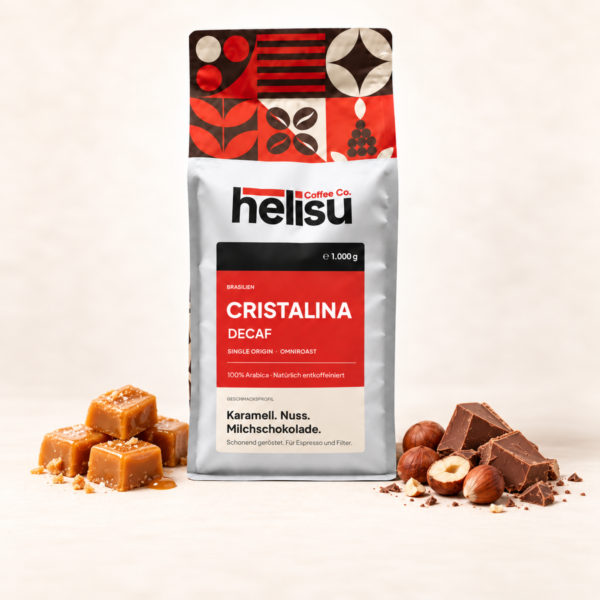 HELISU Cristalina DECAF aus Brasilien. Karamell, Nüsse und Milchschokolade illustrieren die Geschmacksnoten.
