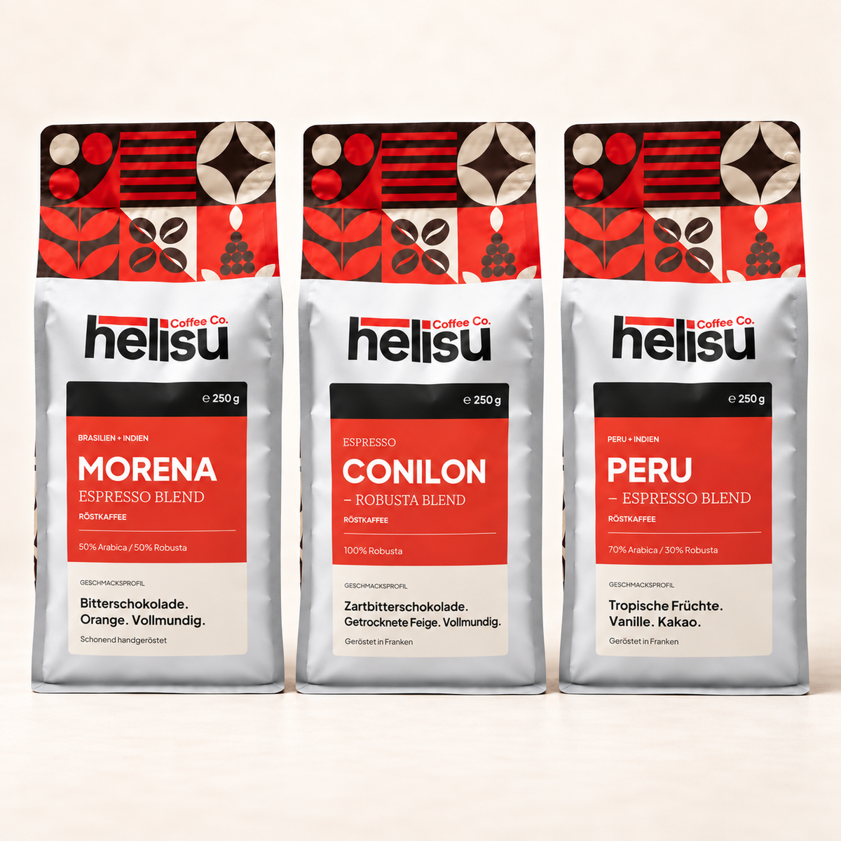 Espresso Probierpaket von HELISU mit La Morena, Conilon und Peru Espresso Blend – drei Beutel à 250 g